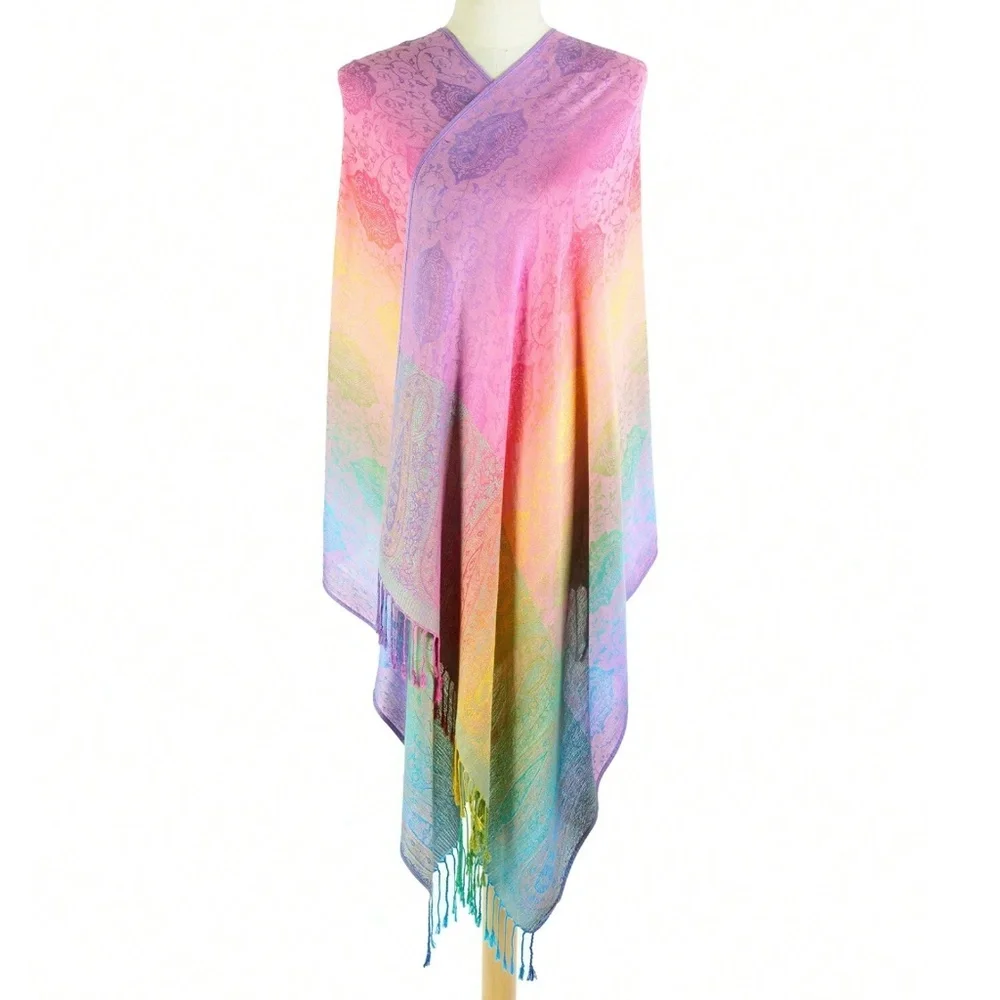 Luxe Colorful Paisley Print Tassel Shawl Blanket Scarf - Picture 3 of 7